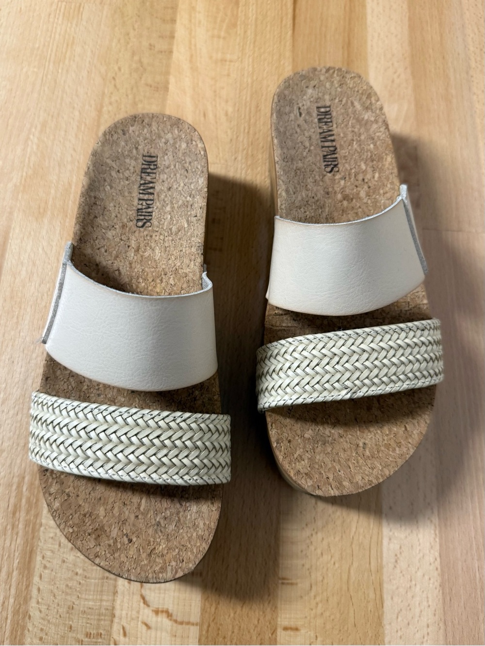 Dream Pairs beige Double‑Strap Cork Platform Slides, size 6